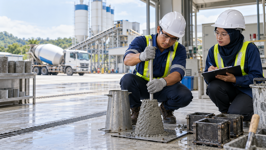 Concrete quality control training on slump testing at a Malaysian ready-mixed concrete plant. Image Generated with ChatGPT