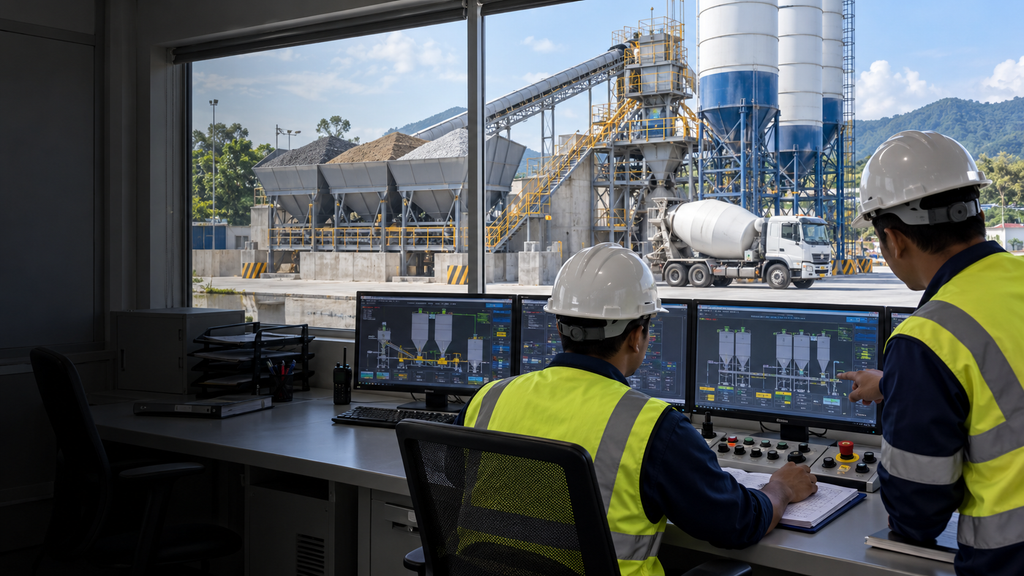 Batching plant operator and trainer reviewing concrete production controls at a ready-mixed concrete plant