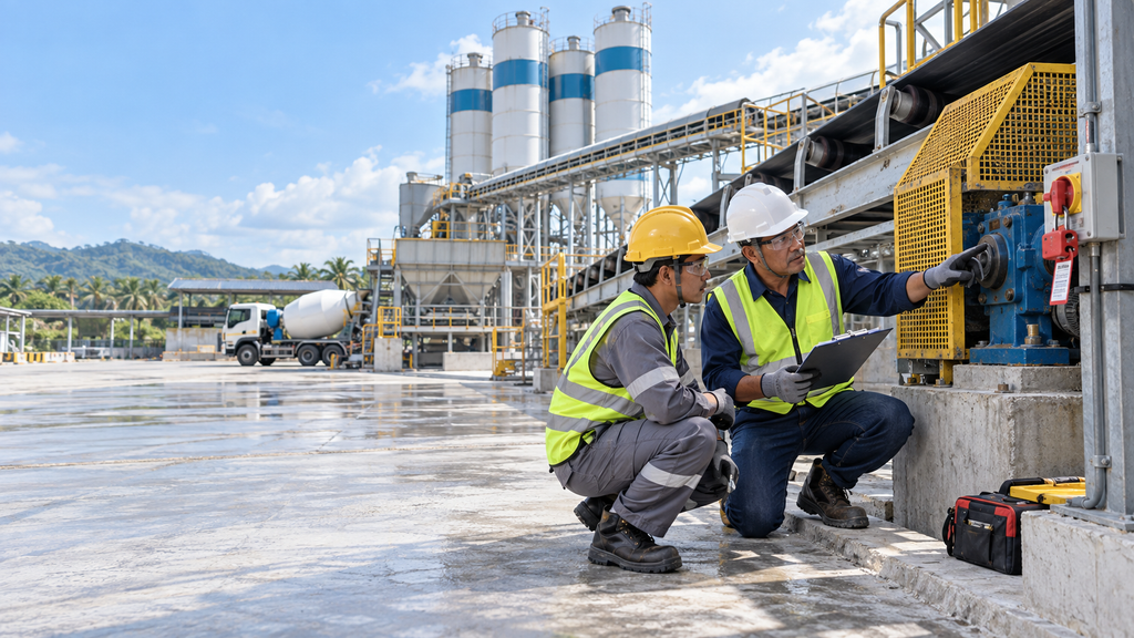 Ready-mix concrete plant maintenance training on equipment inspection at batching plant